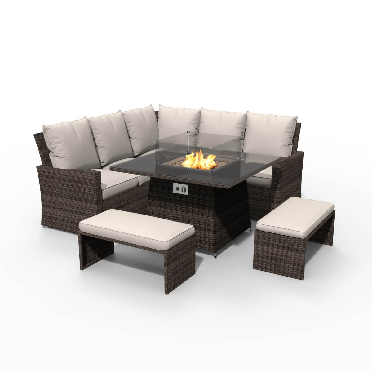 8-Seater Outdoor Corner Sofa Set with Square Fire Pit Table and 2 Benches - PAF-16700