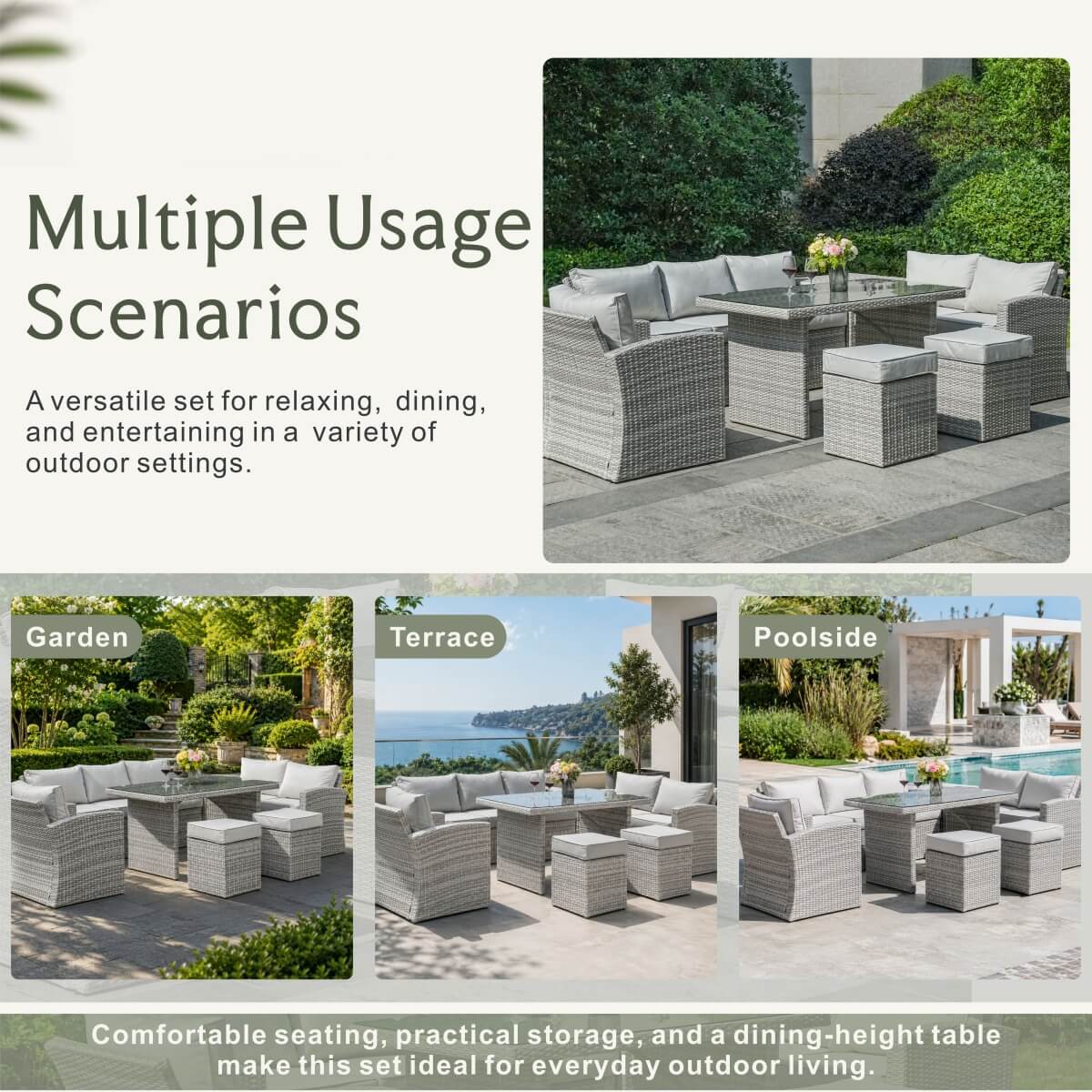 8 Seater Outdoor Rattan Sofa Set with Side Table & Footstools - Garden Furniture Set, Whitewash