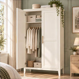 2-Door Freestanding Wardrobe - Hanging Rail, Storage Shelf, Gold Handles and Raised Legs, Cream White