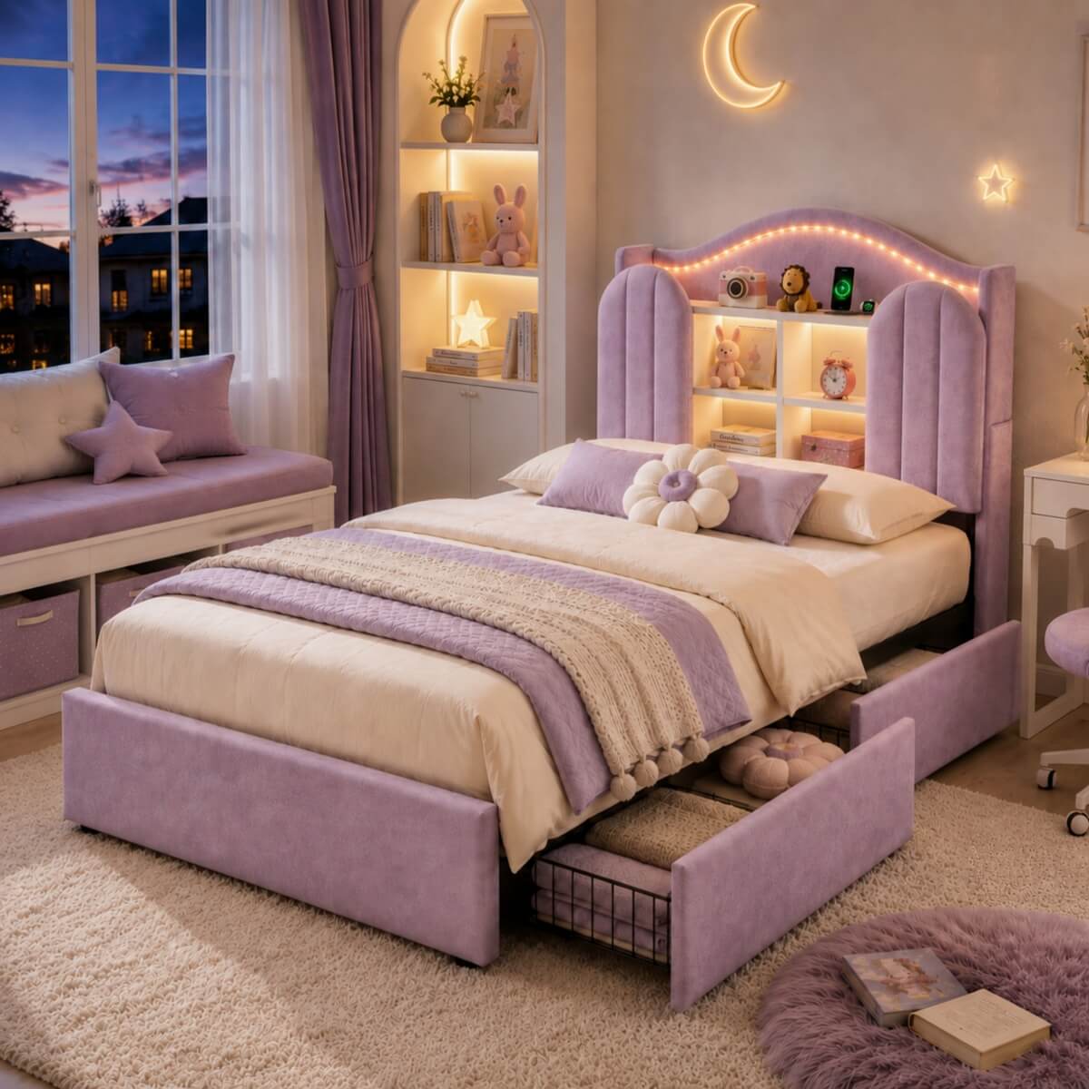 3ft Single Kids Upholstered Bed - House-Inspired LED Storage Headboard, Charging Station and 2 Reversible Drawers, Purple