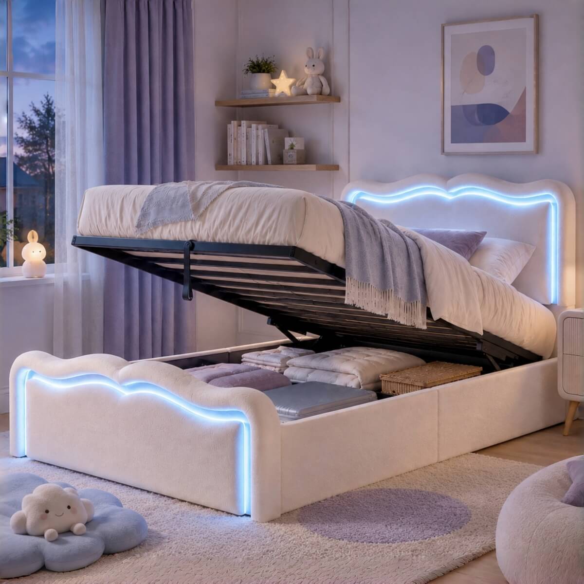 3ft Single Velvet Ottoman Storage Bed - Upholstered Hydraulic Bed with LED Lights, Wave Headboard and Metal Slatted Base, Cream White