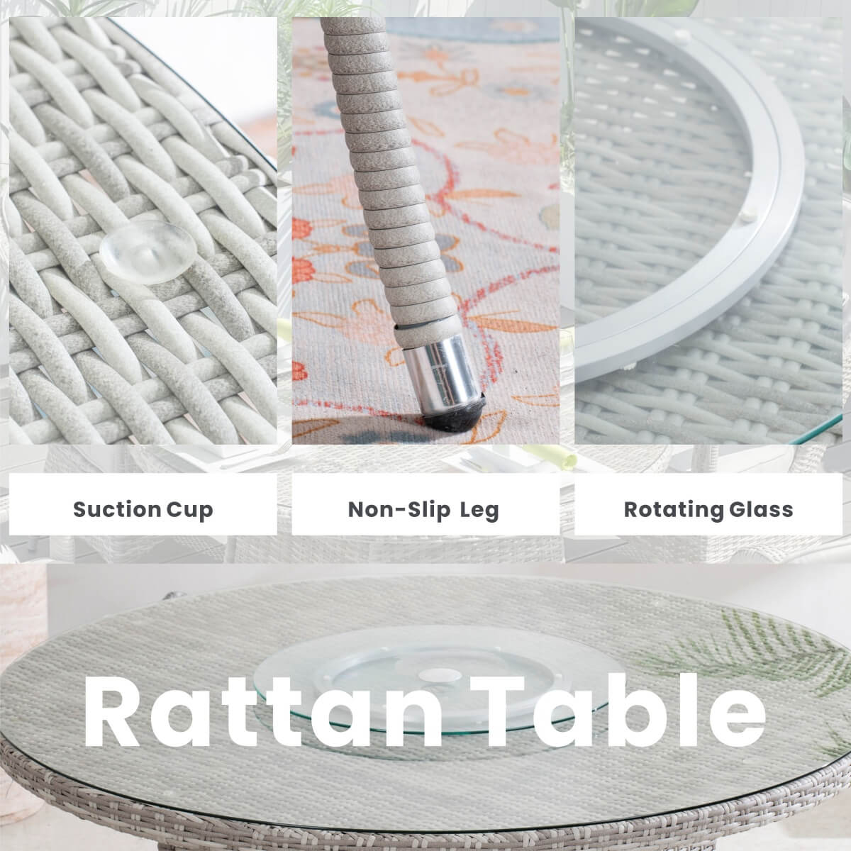 6 Seater Outdoor Rattan Dining Set - Round Table with Tempered Glass Top, Lazy Susan & Parasol Hole