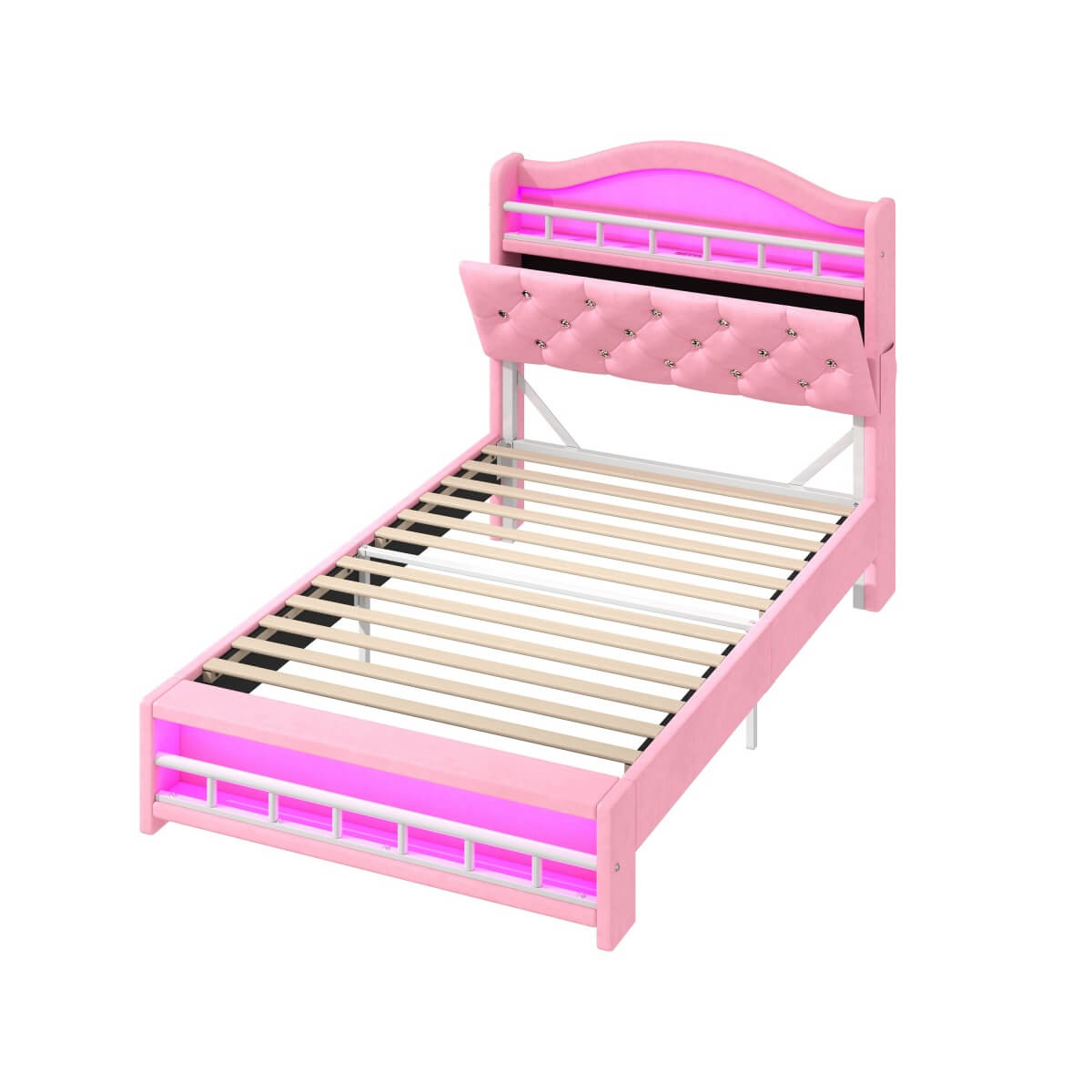 3ft Single Velvet LED Bed with Storage & Charging Station - Upholstered Pink Bed Frame