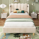 3ft Single Upholstered Bed - Velvet Bed Frame with USB & Type-C Charging, Wooden Slats, Beige