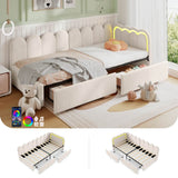 3ft Single Velvet Daybed - RGB LED Lights, 2 Storage Drawers, Scalloped Backrest, Beige