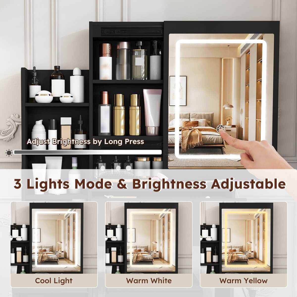 Modern Black Vanity Desk with 3-Mode LED Lighting - Dressing Table with 4 Drawers, Open Storage Shelves, Hair Dryer Holder, Power Socket & Chair