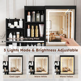 Modern Black Vanity Desk with 3-Mode LED Lighting - Dressing Table with 4 Drawers, Open Storage Shelves, Hair Dryer Holder, Power Socket & Chair