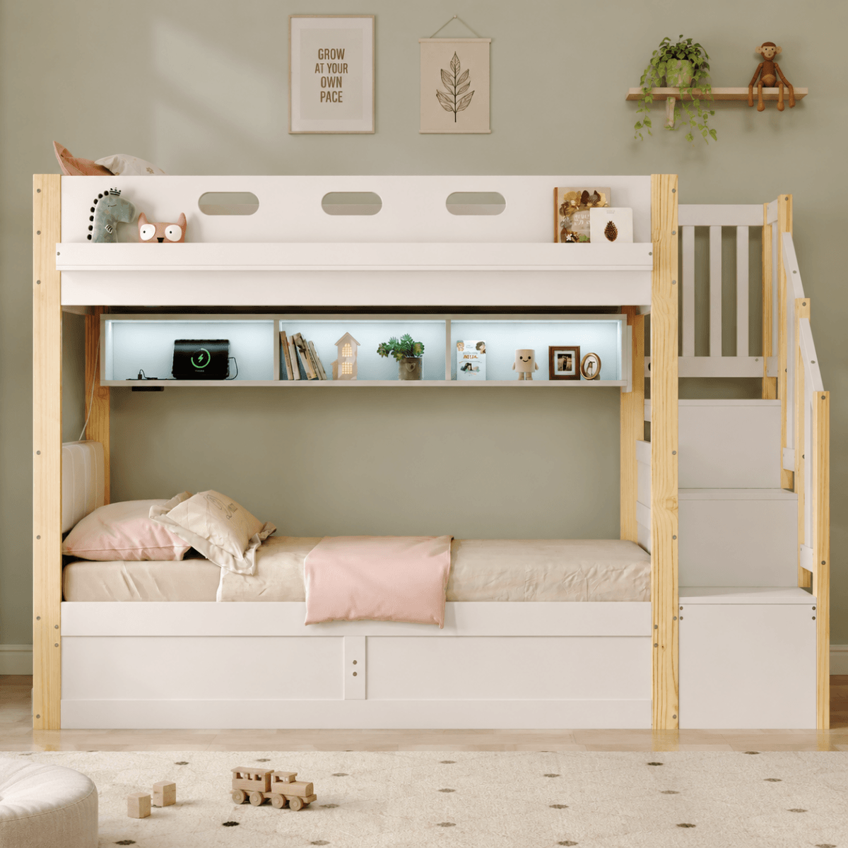 3ft Single Wooden Bunk Bed with Hydraulic Lower Bed - Solid Wood Kids Bed with Storage Stairs, LED Lights and USB Charging, White and Natural