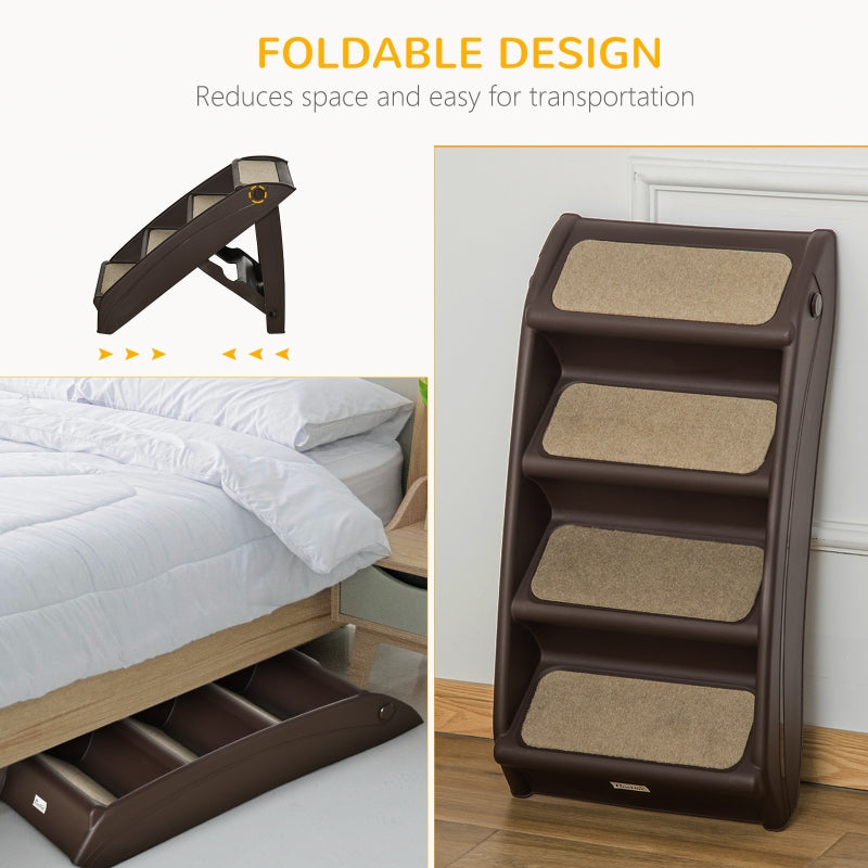 Foldable Four-Step Pet Stairs, Non-Slip Mats, Brown
