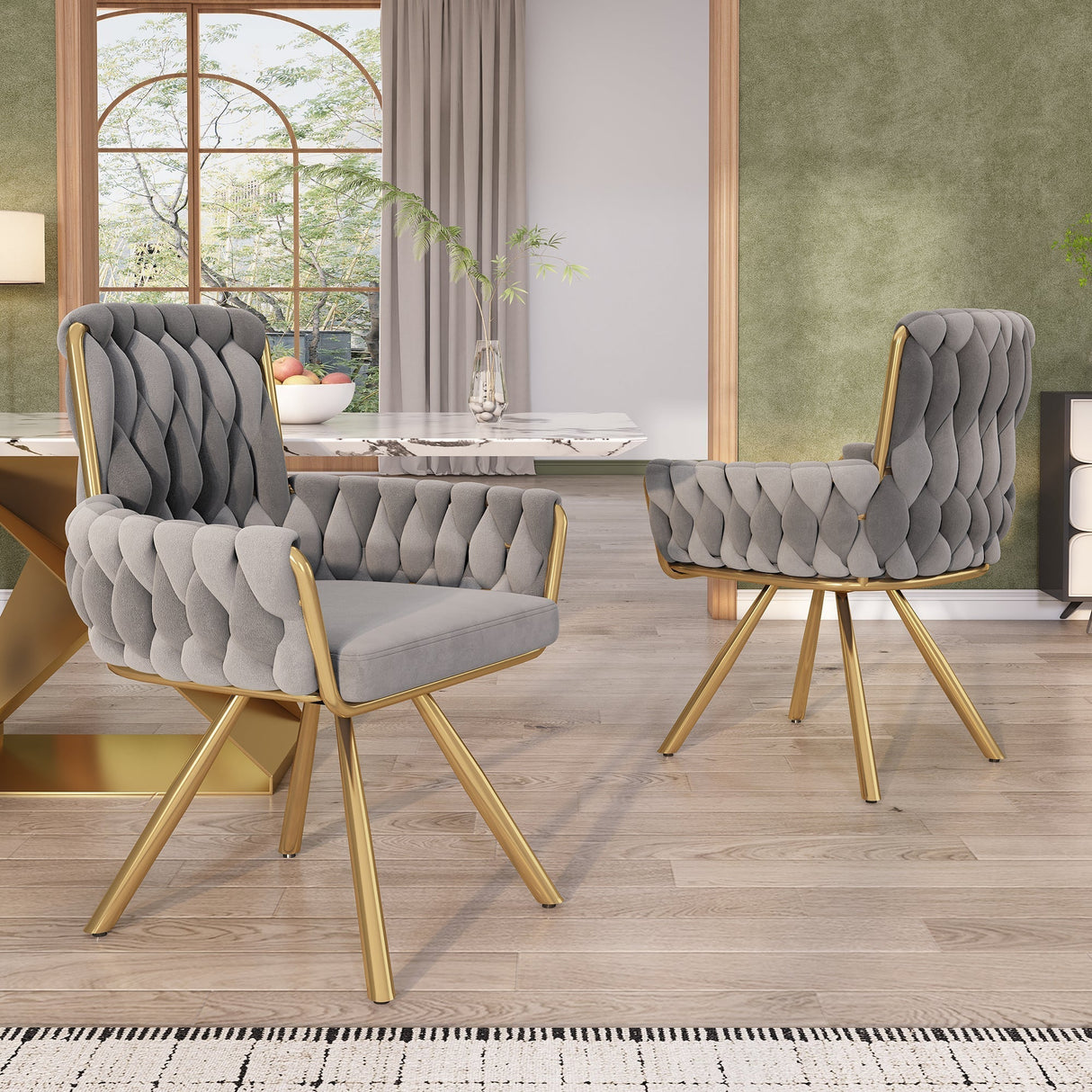 Set of 4 Velvet Dining Chairs, Armchair Swivel Chair with Metal Legs, Gray
