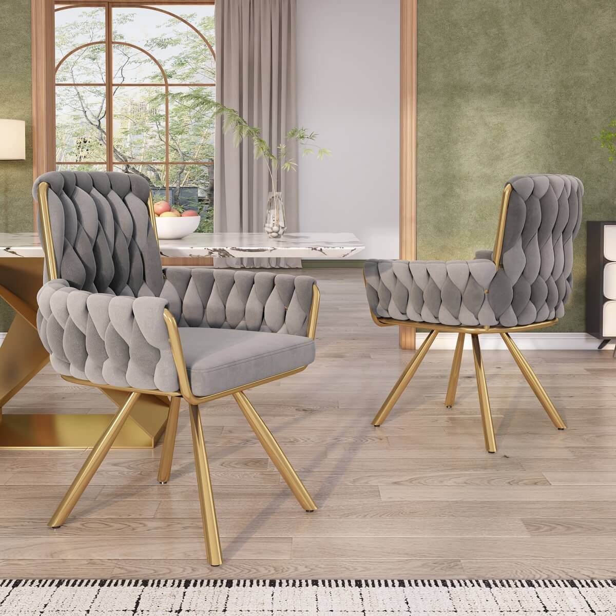 Set of 2 Velvet Swivel Dining Chairs - Armchairs, Grey