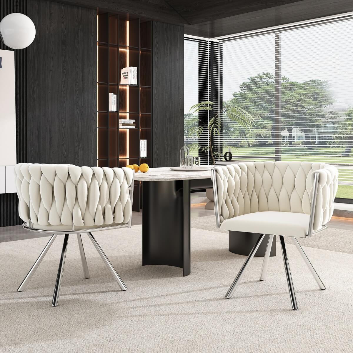 Set of 2 Velvet Swivel Dining Chairs - Upholstered Dining Chairs with 4 Metal Legs for Kitchen & Dining Room, Beige & Silver