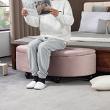 Semi-Circle Ottoman Storage Bench, Tufted Upholstered Footrest Stool, Rubberwood Legs, Pink