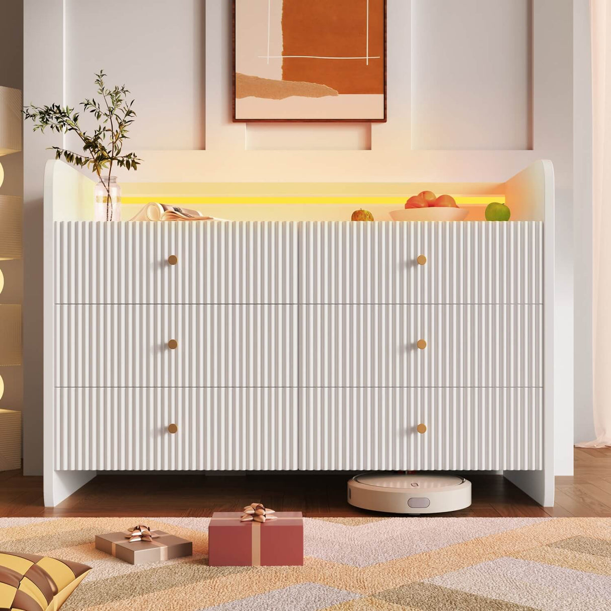 6-Drawer Fluted Sideboard with LED Lighting – Modern Storage Cabinet for Living Room, Bedroom or Dining Room