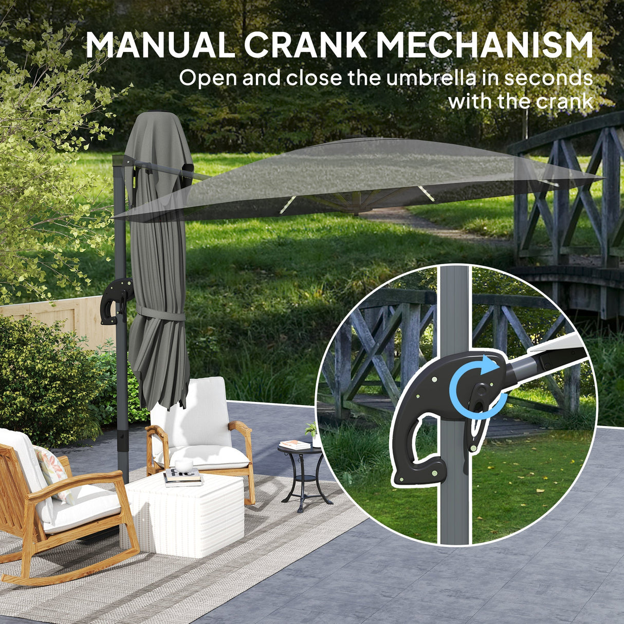 Cantilever Garden Parasol, Solar Powered Lights, Crank Handle, Cross Base, UPF 50+, 360?? Rotation, Dark Grey