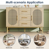Rattan Sideboard Cabinet with 2 Doors & 3 Drawers - Wooden Storage Cupboard for Living Room, Oak