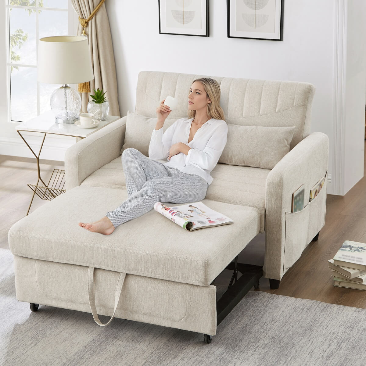 2 Seater Pull-Out Sofa Bed with Sleeping Function - Convertible Linen Sleeper Sofa, Adjustable Backrest, Beige