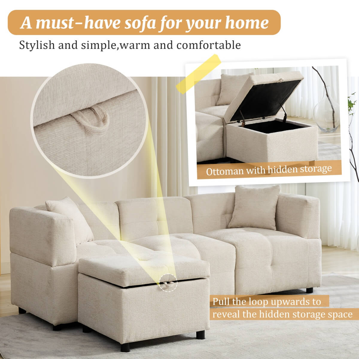L-Shaped Corner Sofa - 80" Fabric Sectional Sofa with Removable Storage Ottoman & 2 Cushions, Beige