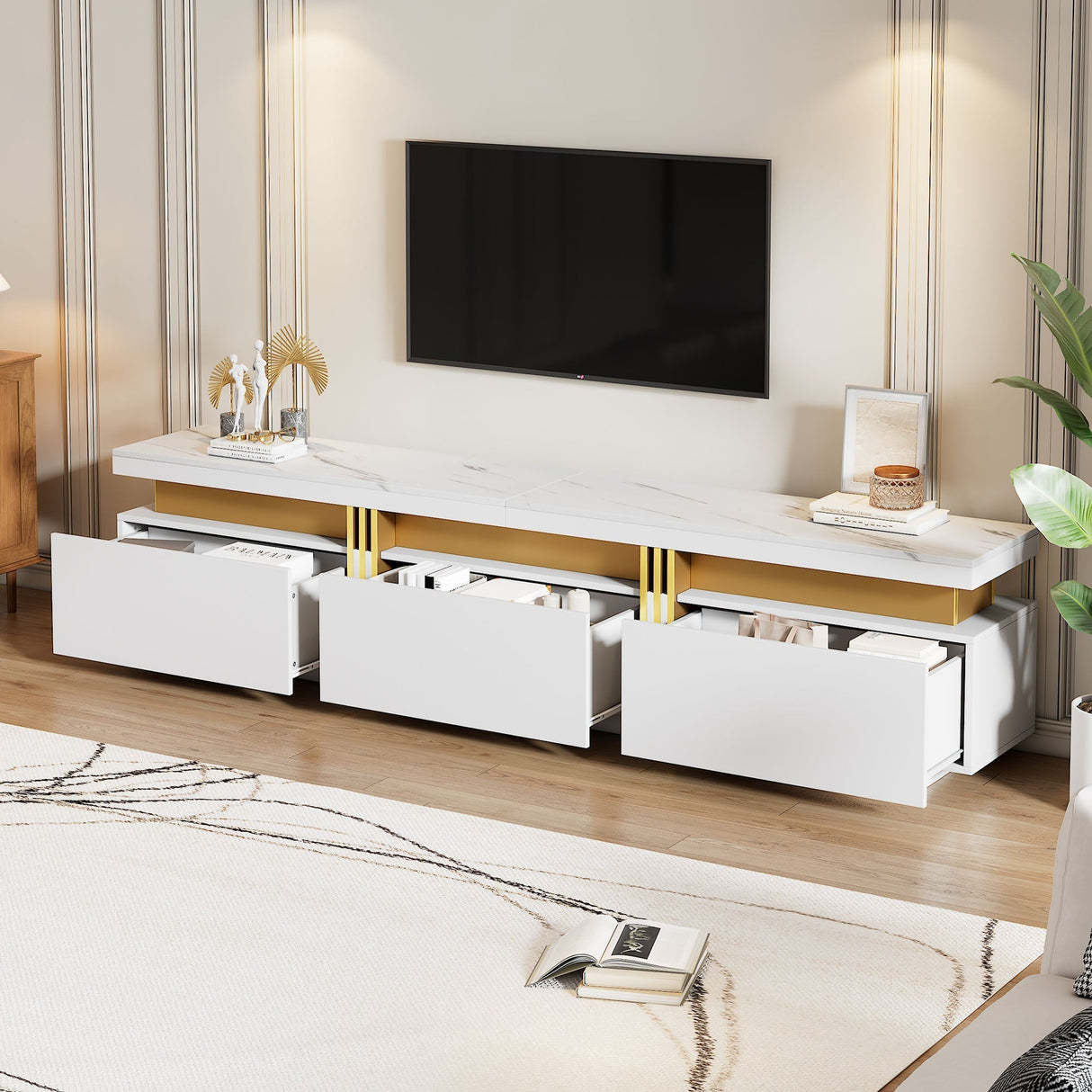 Luxury TV Stand with Faux Marble Top - White Media Console with 3 Drawers & Gold Accents