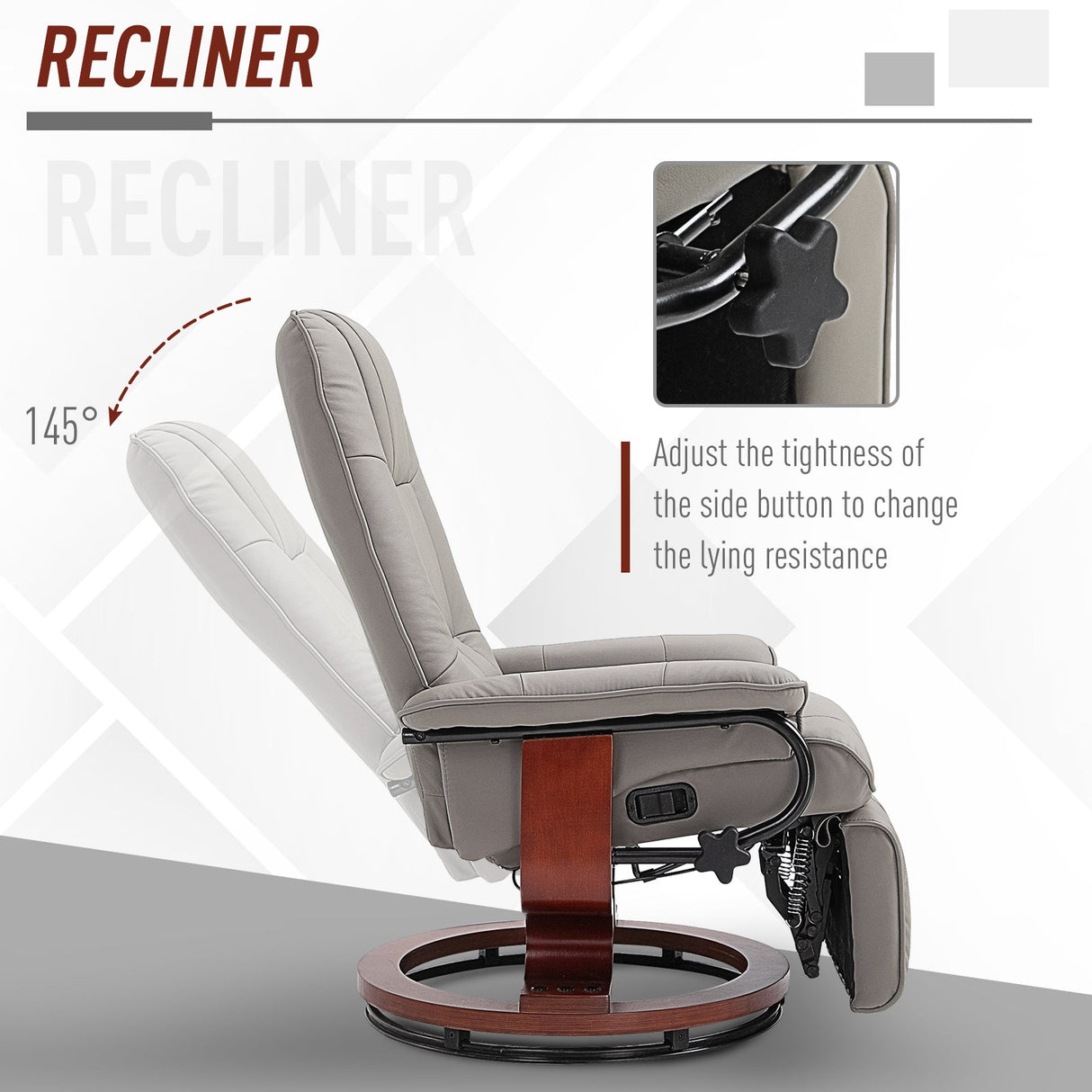 360?? Swivel Recliner Chair with Footstool, Manual Recliner Armchair, Faux Leather, Grey