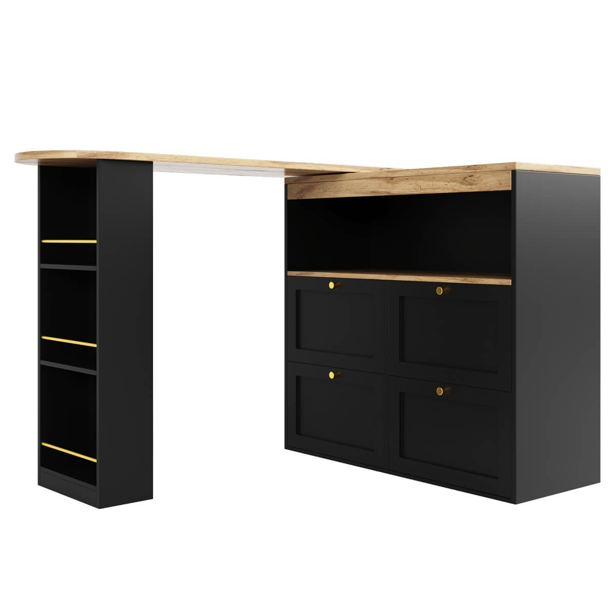 Modern Swivel Bar Table with 4 Drawers - 360-Degree Rotating Design with Open Shelves, Freestanding Dining Table