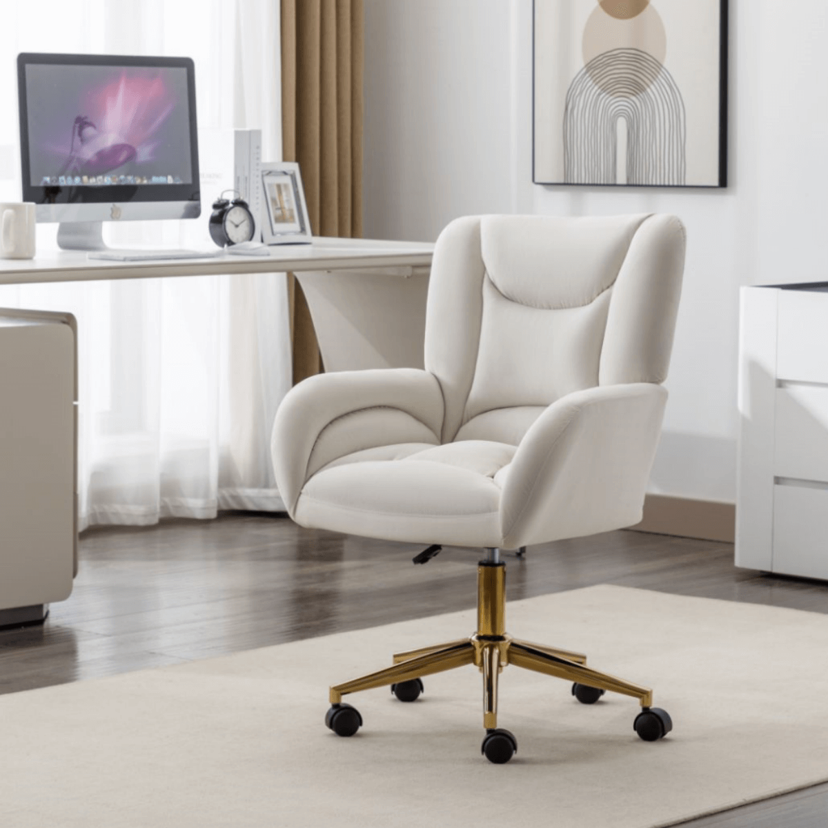 Ivory Velvet Swivel Office Chair ¨C Adjustable Height Home Desk Chair with Gold Legs