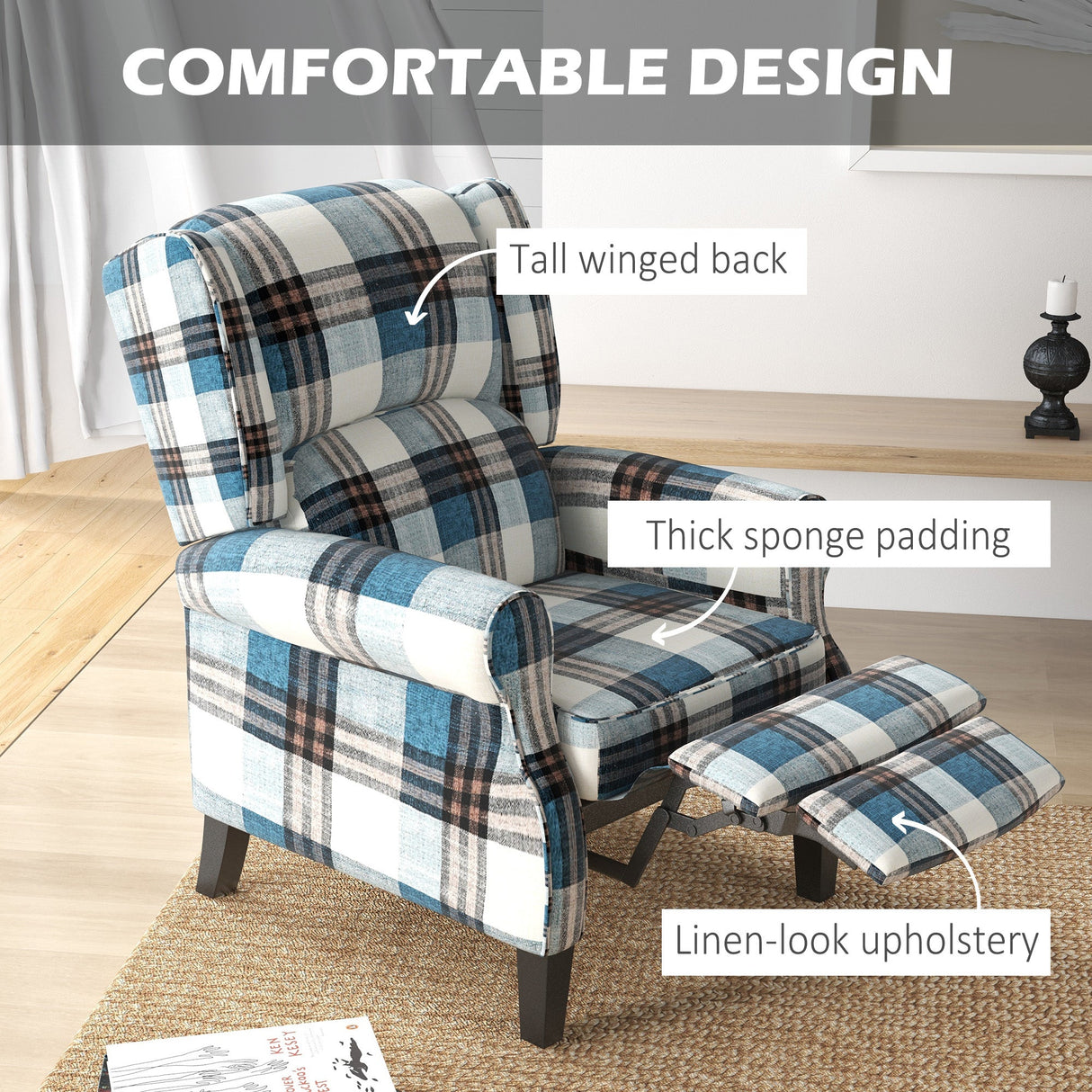 Wingback Reclining Chair Push Back Armchair with Footrest Wood Legs Blue