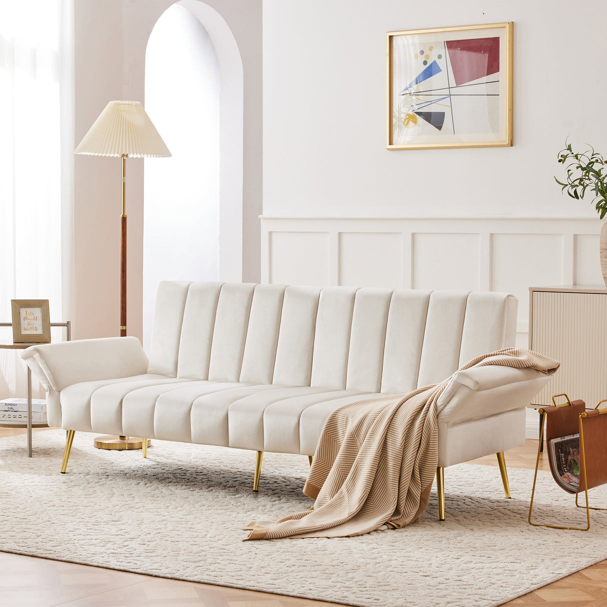 Modern Adjustable Velvet Sofa Bed with MultiPosition Backrest & Armrests, Metal Legs, Convertible Sleeper Function, Ideal for Living Room, Bedroom, Home Theater & Guest Room, Beige, Video Included