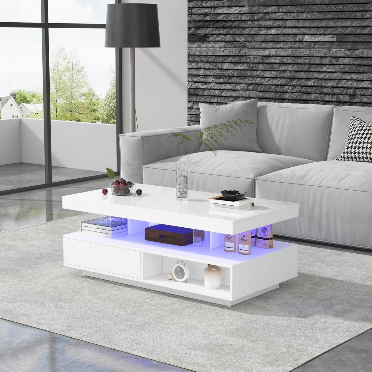 LED Coffee Table with Storage - High Gloss Centre Table with 2 Drawers, White