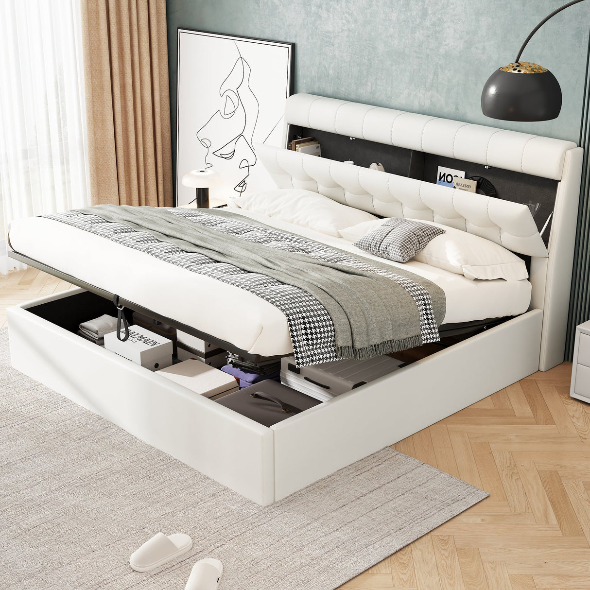 Fashion Upholstered Bed, King Size 150x200cm, Hydraulic with Concealed Headboard Storage, PU, Cream White