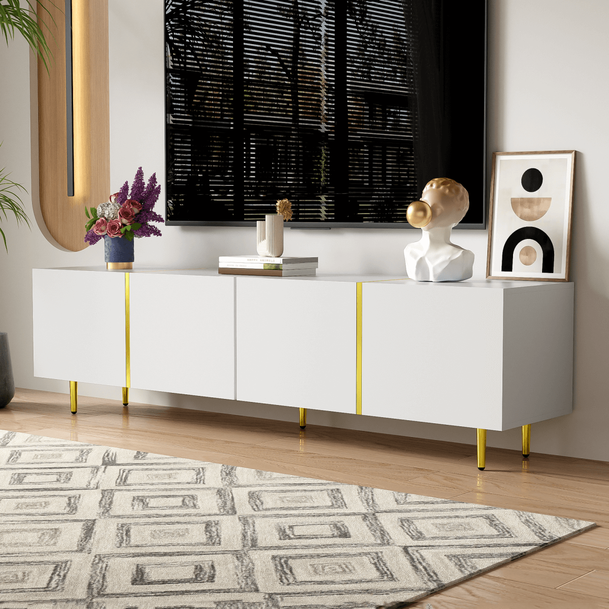 High-Gloss White TV Cabinet – Modern 4-Door TV Stand for Living Room