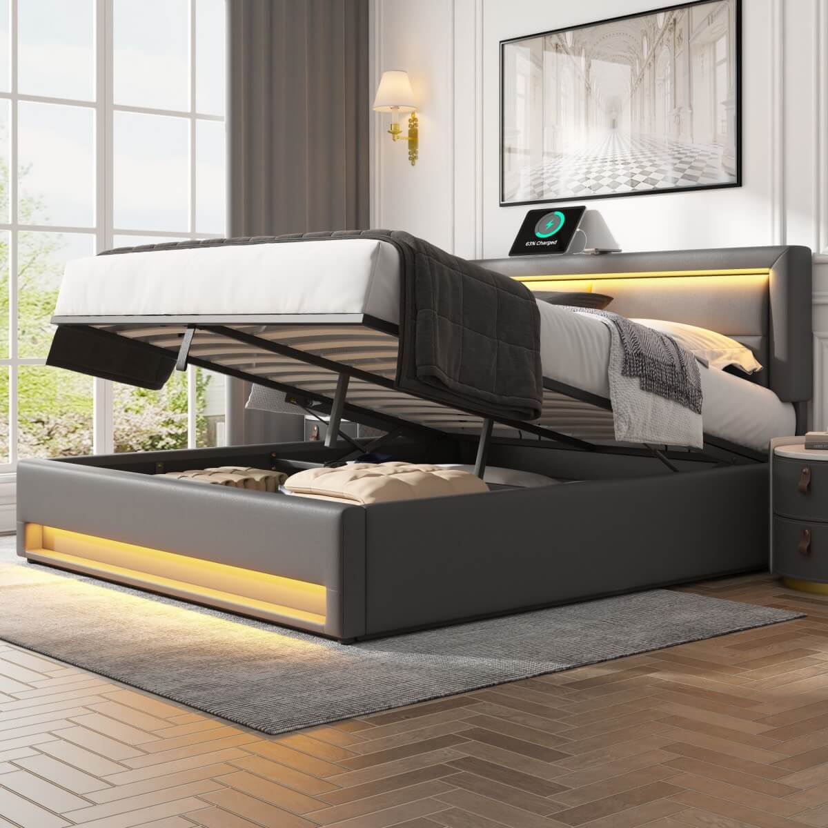 4ft6 Double Upholstered Bed - LED Storage Bed with USB & Wireless Charging, Grey