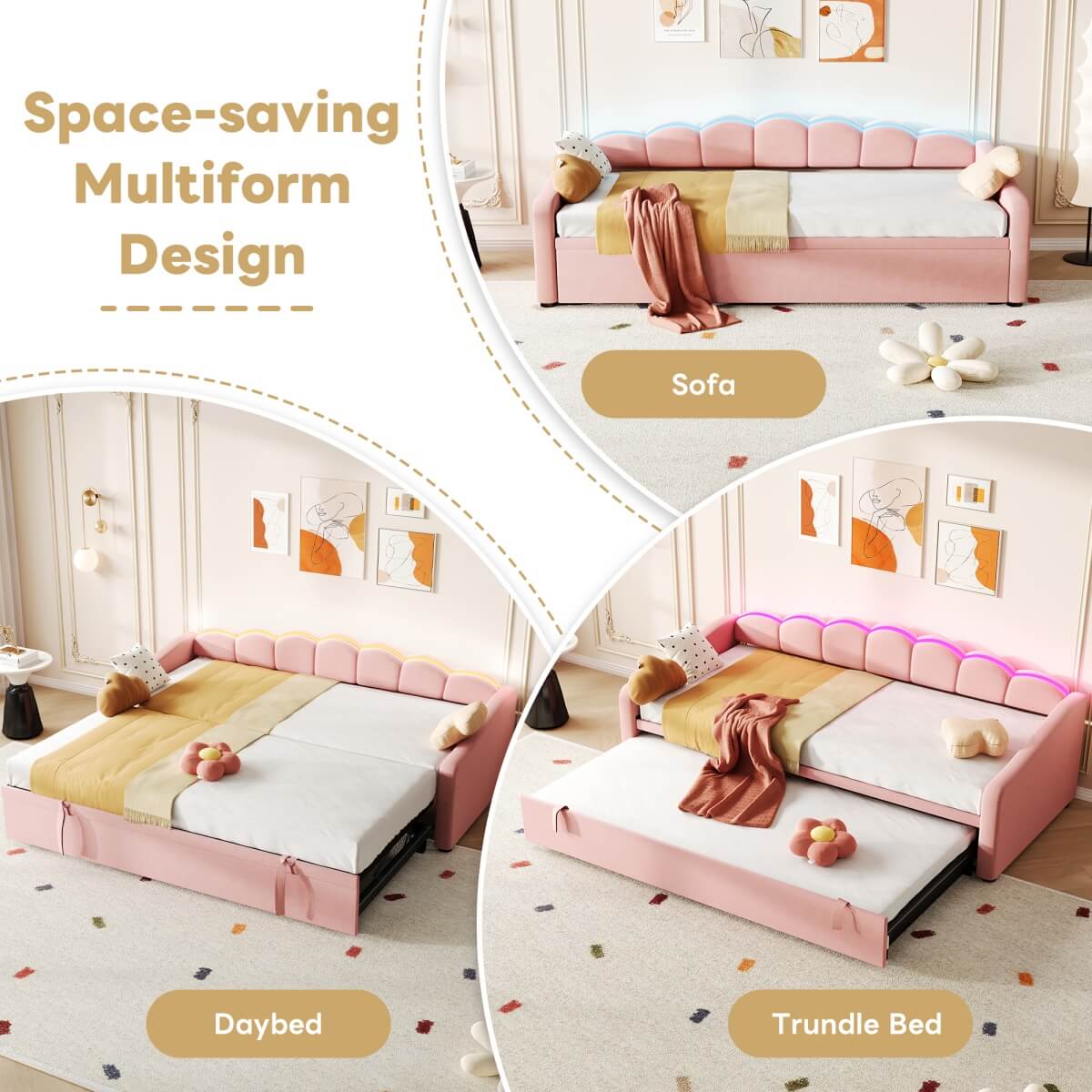 3ft Single Velvet Daybed with Pull-Out Trundle Bed - Petal-Shaped Upholstered Bed Frame with RGB LED Lights, Pink