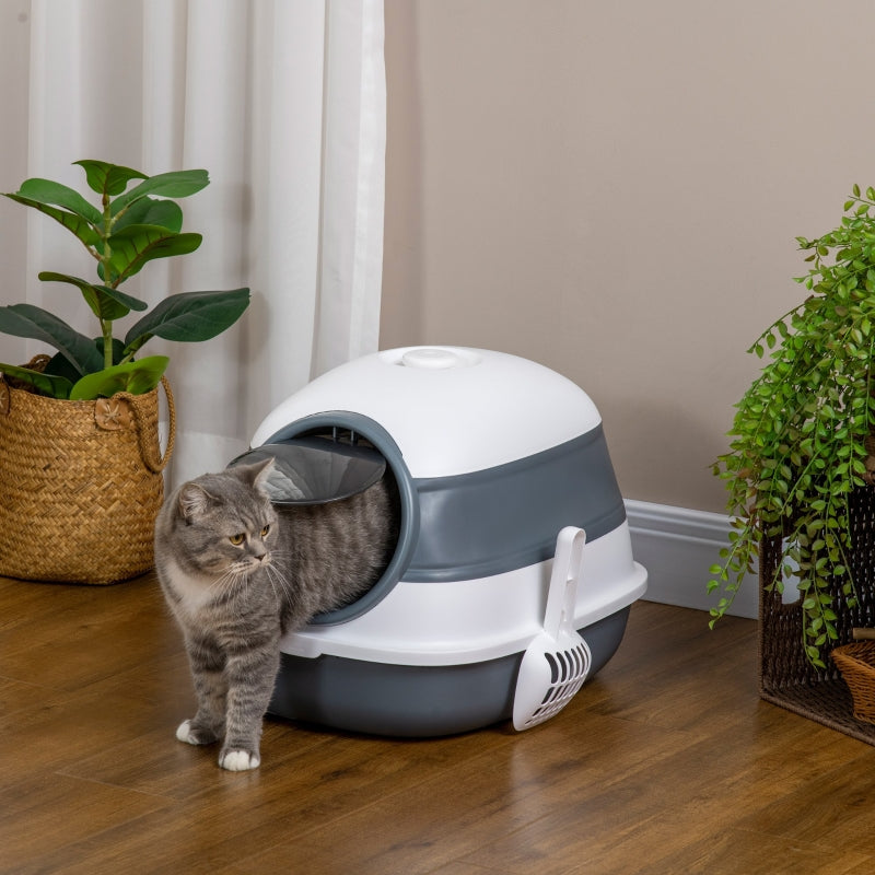 Cat Litter Tray Foldable with Lid, Deodorant, Scoop, White