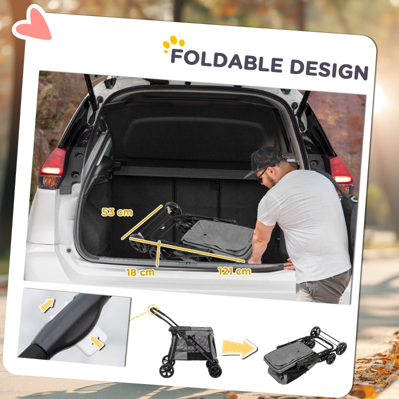 Foldable Pet Stroller, One Click Pushchair Travel Carriage with EVA Wheels, Grey