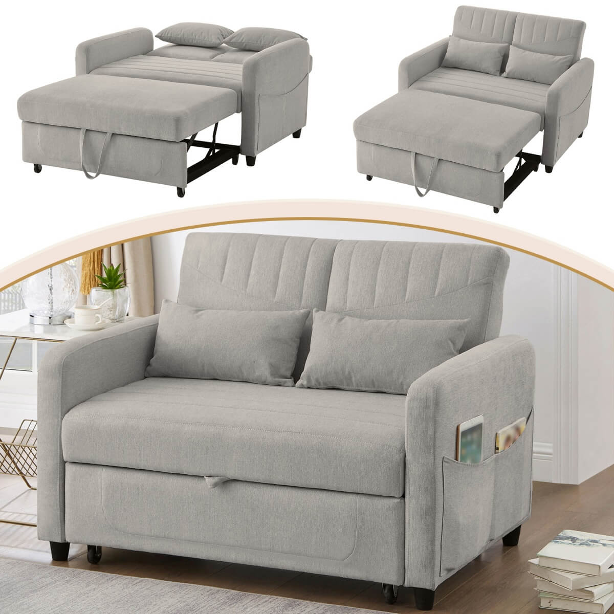 2 Seater Fold-Out Sofa Bed with Sleeping Function - Pull-Out Sleeper Sofa, 3-Level Adjustable Backrest, Cotton Linen Fabric, Light Gray