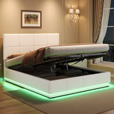 Ottoman Double Bed with LED Lighting, Hydraulic Storage, Adjustable Square Tufted Headboard, Cream White PU Leather (No Mattress)