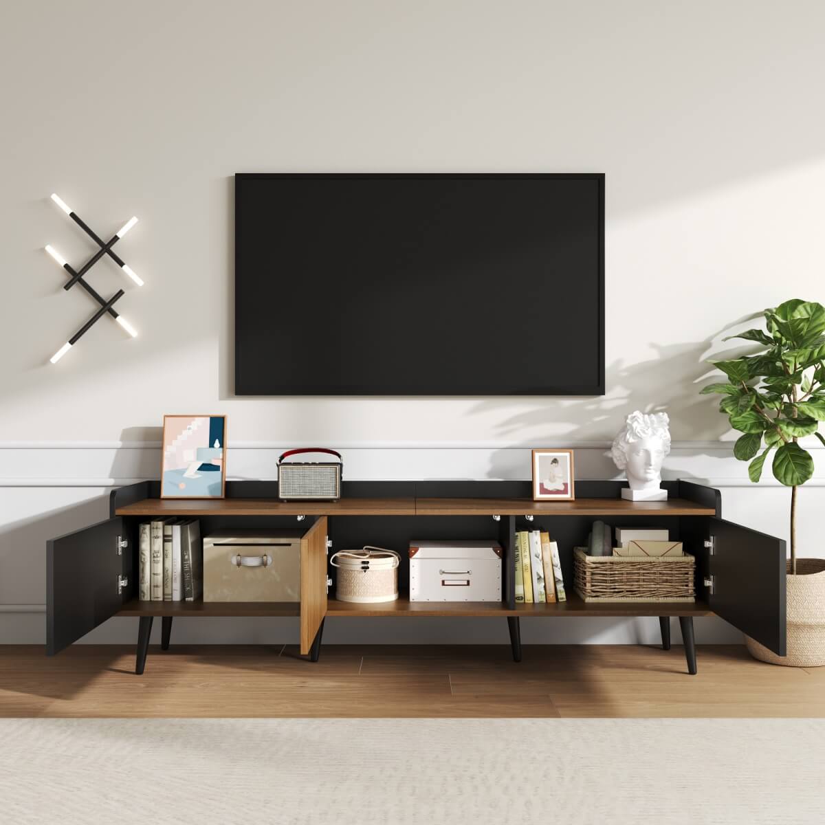 3-Door TV Cabinet – Black & Natural Wood Finish, Compact TV Stand for Living Room