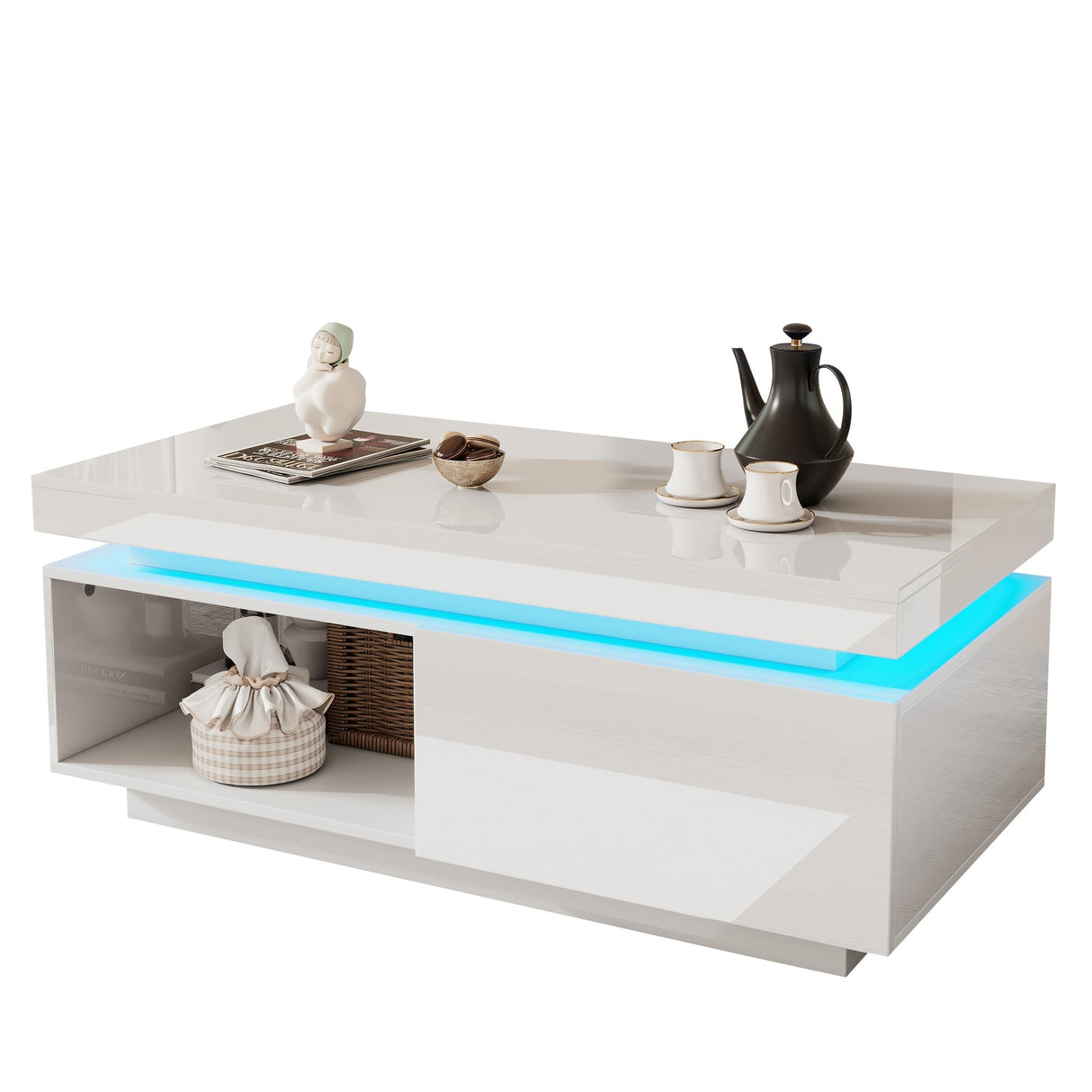 High Glossy LED Coffee Table with Drawer Storage, Wooden Centre Table with RGB Led Lights Rectangle Tea Table for Living Room Furniture, white Coffee Table with Open Display Shelf