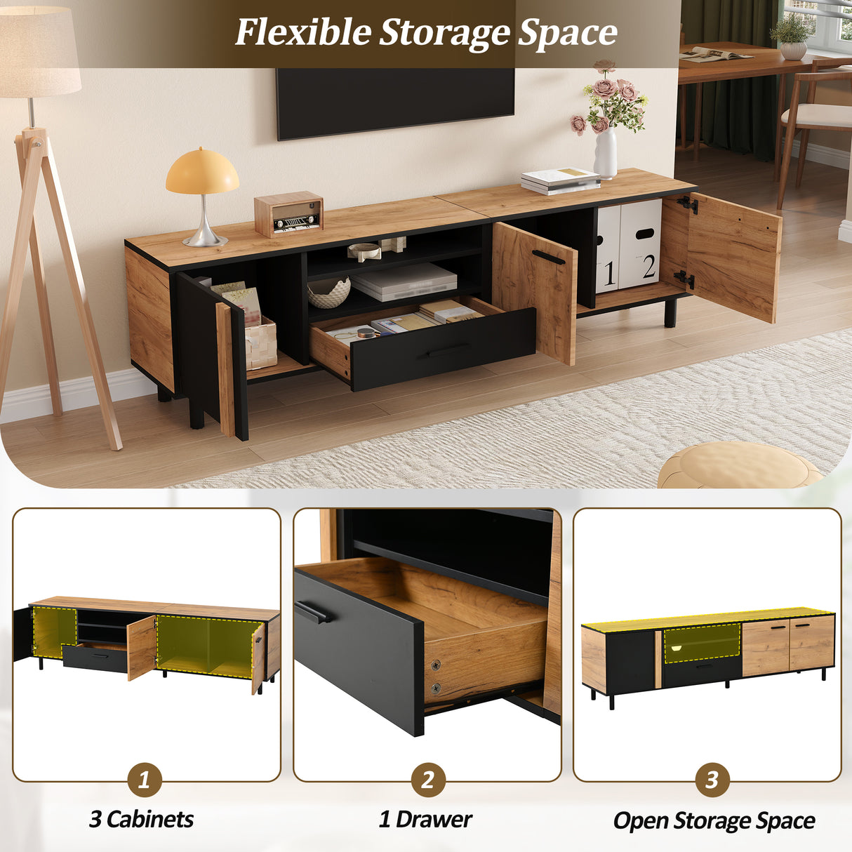 Modern 180cm TV Stand, Lowboard, TV Cabinet, TV Unit, TV Entertainment Center, Oak & Black Media Console with Drawer & Cabinets, Industrial Low Storage Cabinet for Living Room, TVs up to 75"