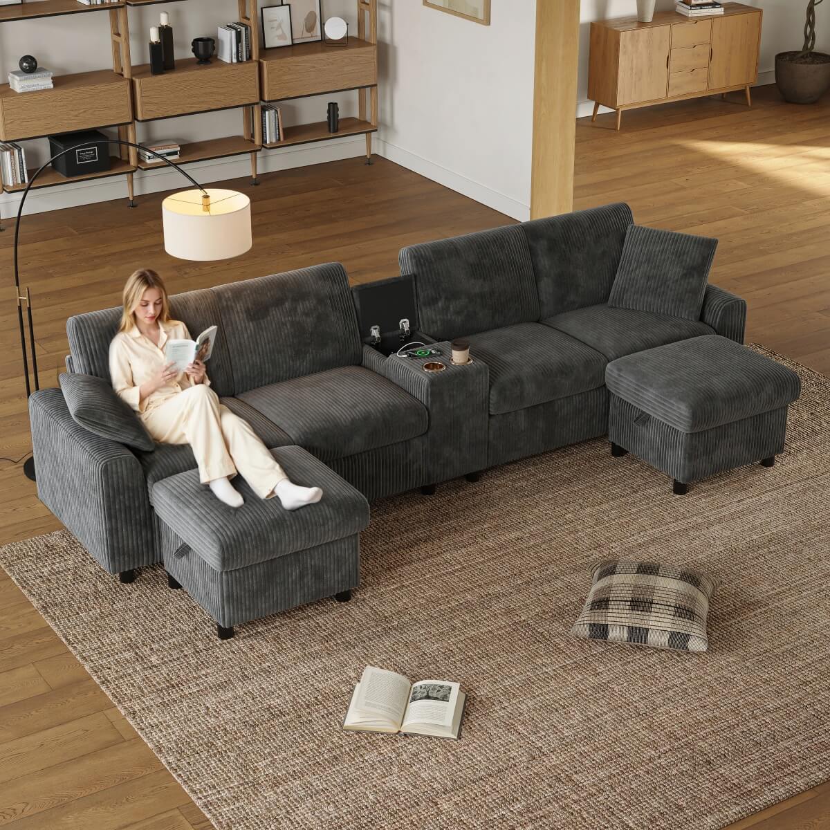 U Shaped Corduroy Sectional Sofa - Modular Sofa with Storage Ottomans, USB & Type-C Charging, Grey