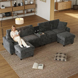 U Shaped Corduroy Sectional Sofa - Modular Sofa with Storage Ottomans, USB & Type-C Charging, Grey