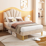 Velvet Upholstered Single Bed, 3ft Shell-Like with Golden Iron Legs and Wooden Slatted Frame, Beige