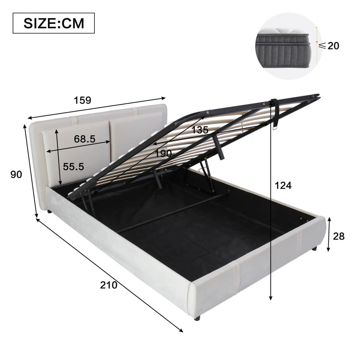 4ft6 Double Upholstered Storage Bed - Hydraulic Lift, Velvet Bed Frame with Removable Headboard, Beige