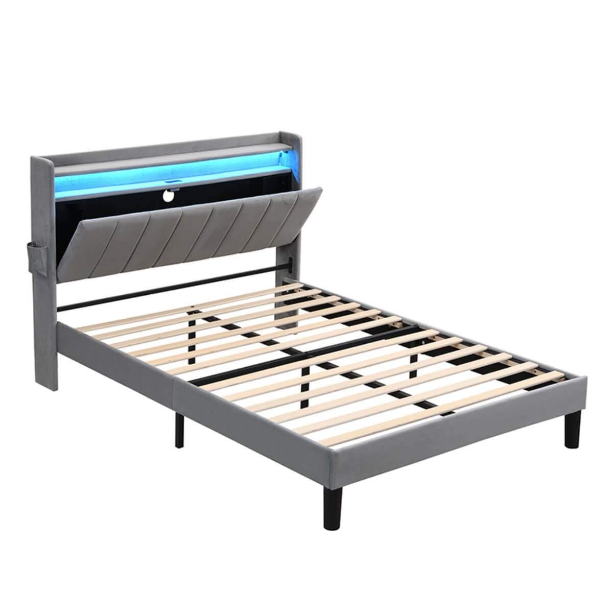 4ft6 Double Velvet LED Storage Bed - Upholstered Bed with USB & Type-C Charging, Grey