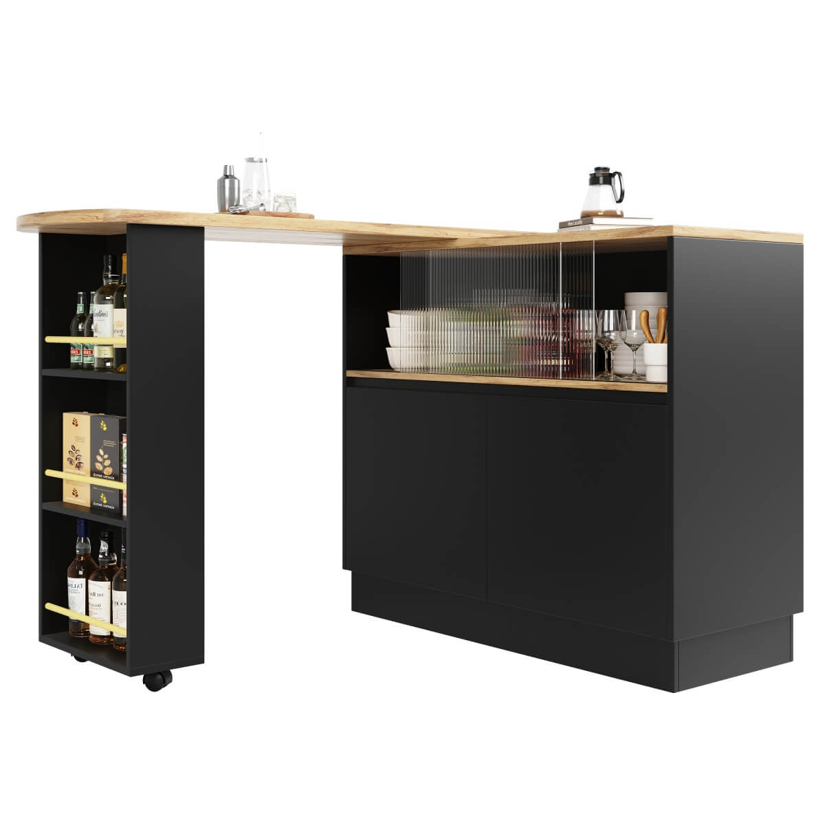 360° Swivel Kitchen Bar Sideboard - Modern Black Multifunctional Storage Cabinet with Glass Shelves