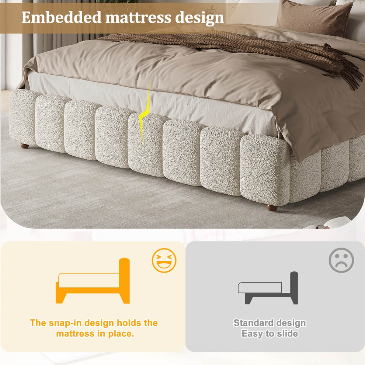 6ft Super King Upholstered Bed with Hydraulic Storage - White Bouclé Bed Frame with Padded Headboard & Slatted Base
