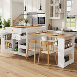 Extendable bar table with storage (122.5-195.57093.8cm), with three drawers and wine rack, kitchen island with extendable table, for 2-6 people, kitchen dining cart with side shelves, white