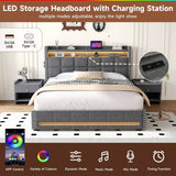 5ft King Ottoman Bed Frame - LED Upholstered Storage Bed with USB & Type C Charging, Grey