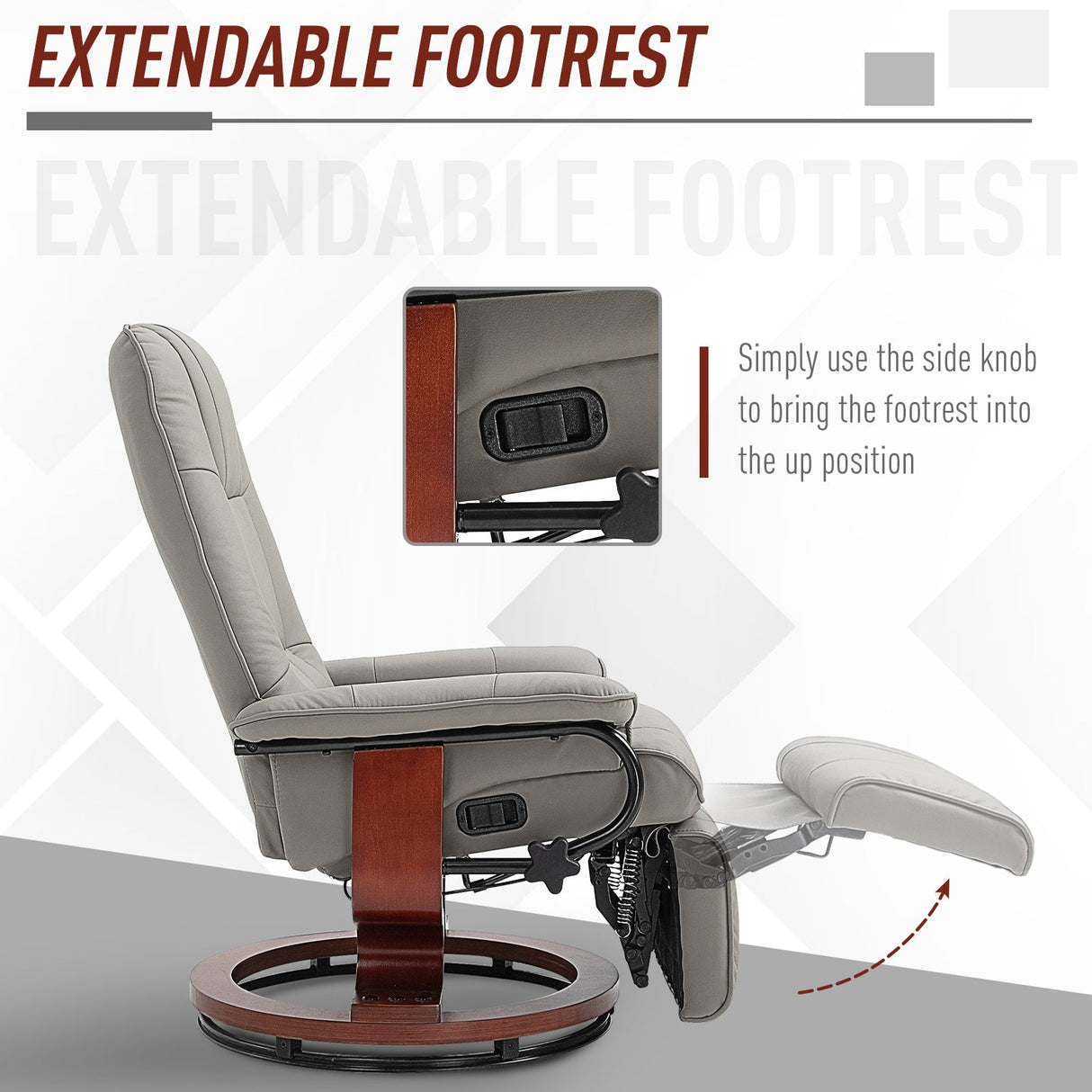 360?? Swivel Recliner Chair with Footstool, Manual Recliner Armchair, Faux Leather, Grey